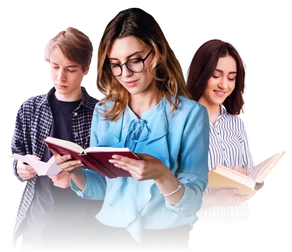 Três jovens lendo livros